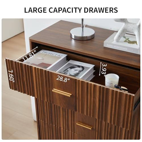 Fluted 5 Drawers Dresser for Bedroom, Wooden Tall Storage, Walnut L1075