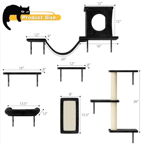 NUNU LAB Wall Mounted Cat Climber Set with House, Tunnel, Scratcher, Black M305