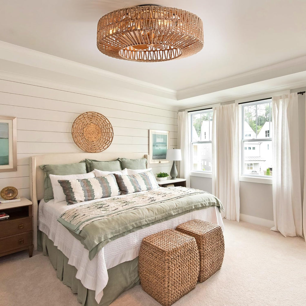 20" Boho Caged Rattan Ceiling Fan with Lights and Remote Control H849