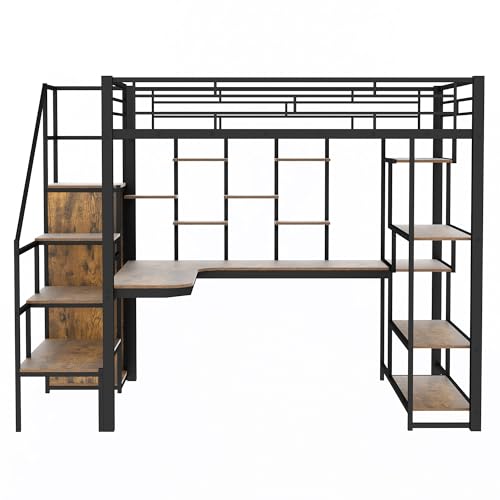 Full Size Loft Bed with Desk & Stairs, Heavy Duty Metal, Black E948