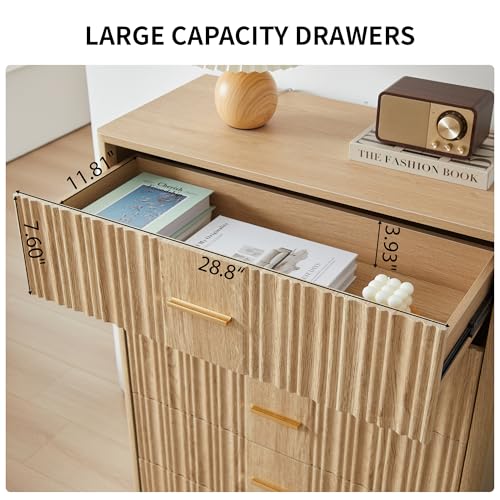 Fluted 5 Drawers Dresser for Bedroom, Wooden Tall Storage, Walnut L1075