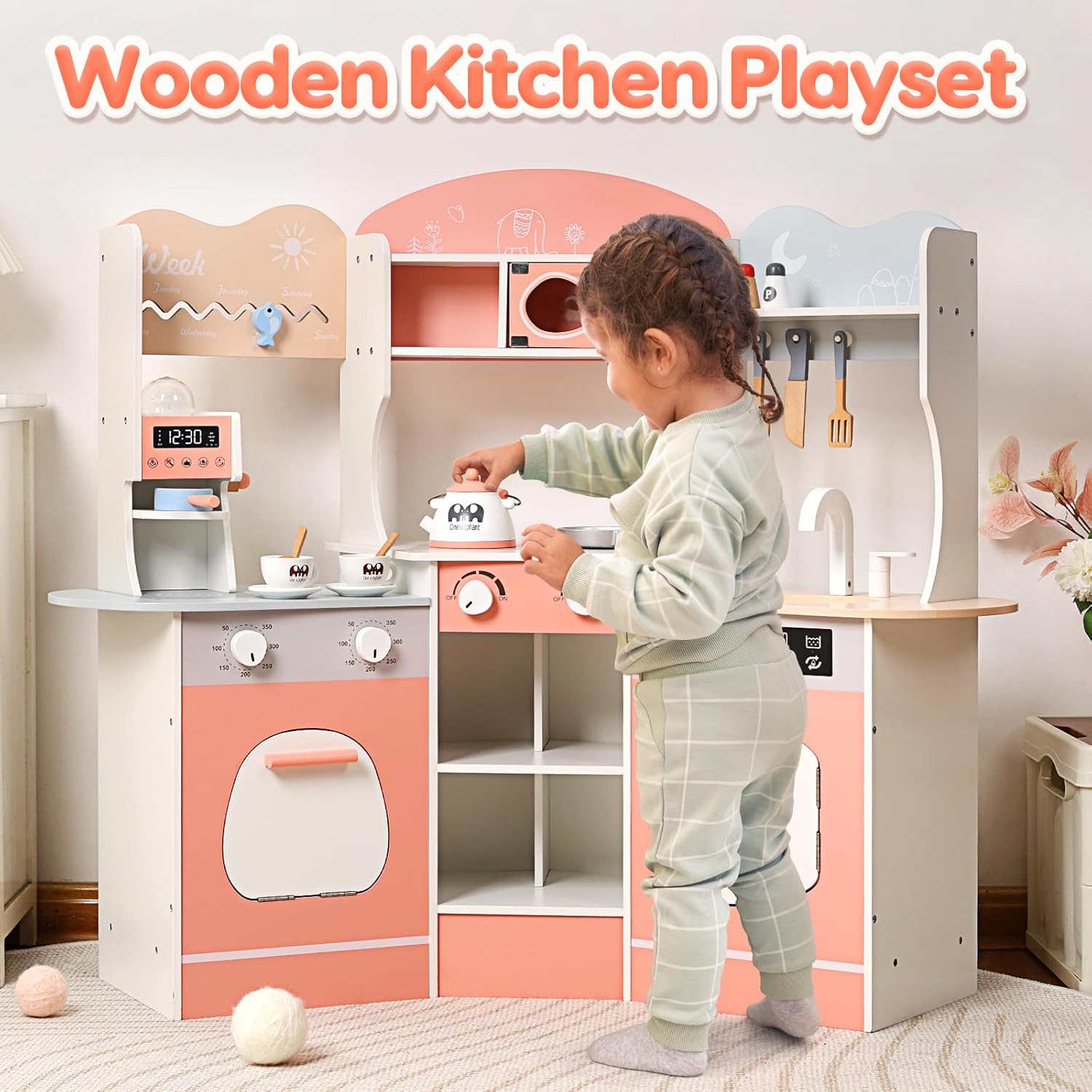 CUTE STONE Wooden Play Kitchen for Kids with Cookware Accessories Z309668