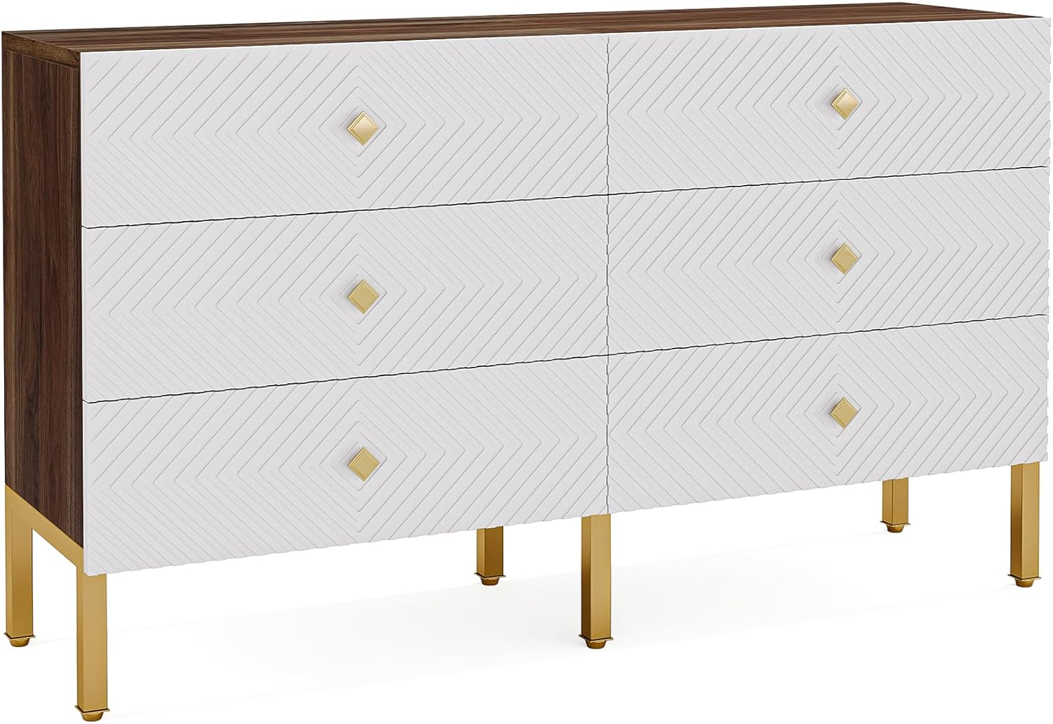 Tribesigns 6-Drawer Dresser for Bedroom, Wood Storage Cabinet with Gold Legs, White & Brown T408265