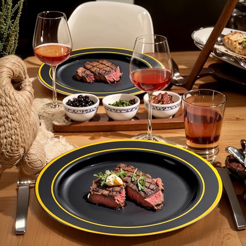bUCLA 300PCS Gold Disposable Dinnerware Set - White and Gold Plastic Plates for Party S185