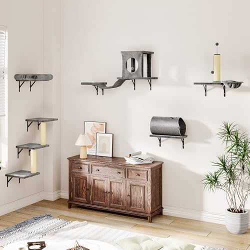 NUNU LAB Wall Mounted Cat Furniture Set 7 Pcs with Scratching Post - Light Gray P6315