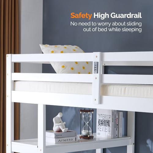 VINGLI Twin Loft Bed with L-Shaped Desk, 3 Storage Drawers, Solid Wood, White W24917
