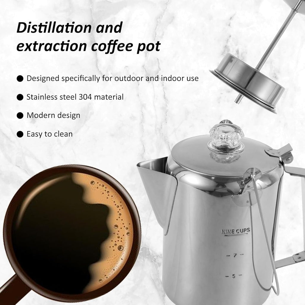 Stainless Steel Camping Coffee Pot Percolator, 9 Cups, Outdoor C108