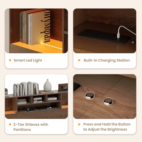 King Size Bed Headboard with LED Light and Storage Bookcase H72493