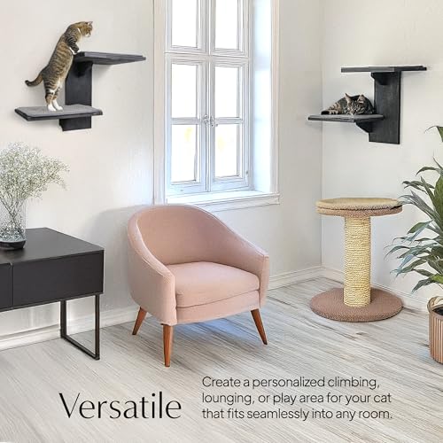 Cat Wall Shelves Two Large Steps Solid Wood with Sisal Scratching Post T8675