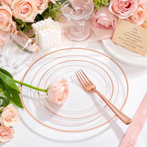 bUCLA 300PCS Gold Disposable Dinnerware Set - White and Gold Plastic Plates for Party S185