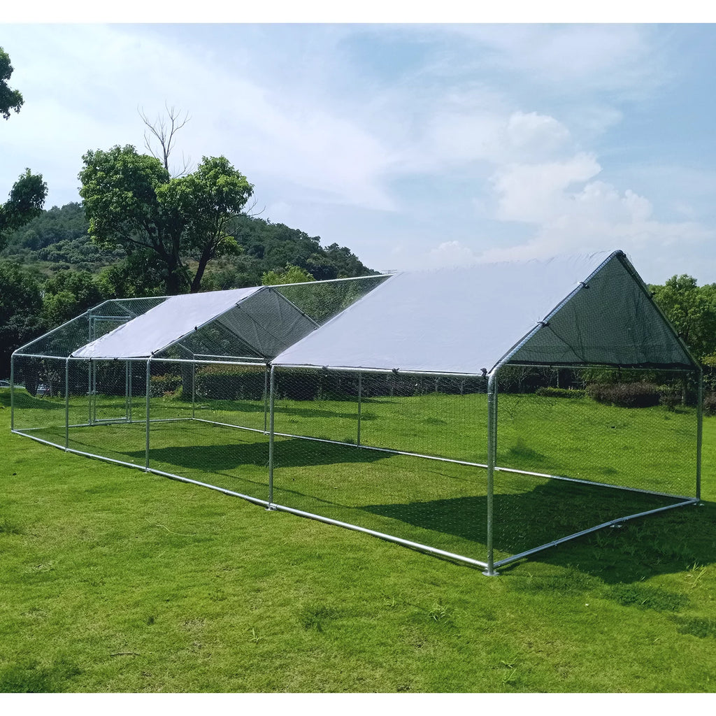 Geeloon Large Chicken Run Coop 10x26ft Metal Walk-in Poultry Cage with Cover P6510