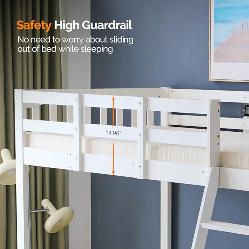 VINGLI Twin Loft Bed with L-Shaped Desk, 3 Storage Drawers, Solid Wood, White W24917