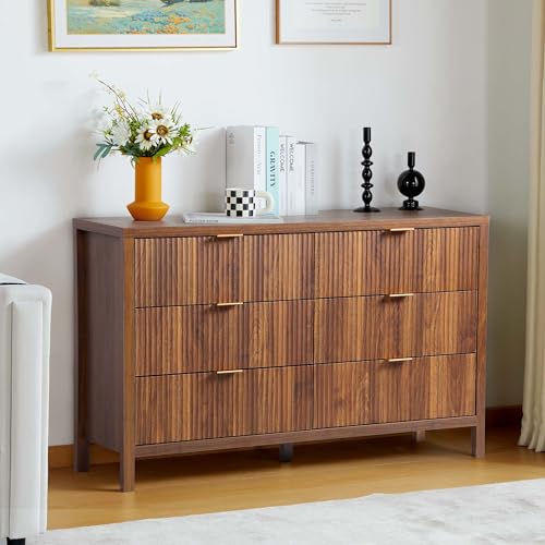 Fluted 5 Drawers Dresser for Bedroom, Wooden Tall Storage, Walnut L1075