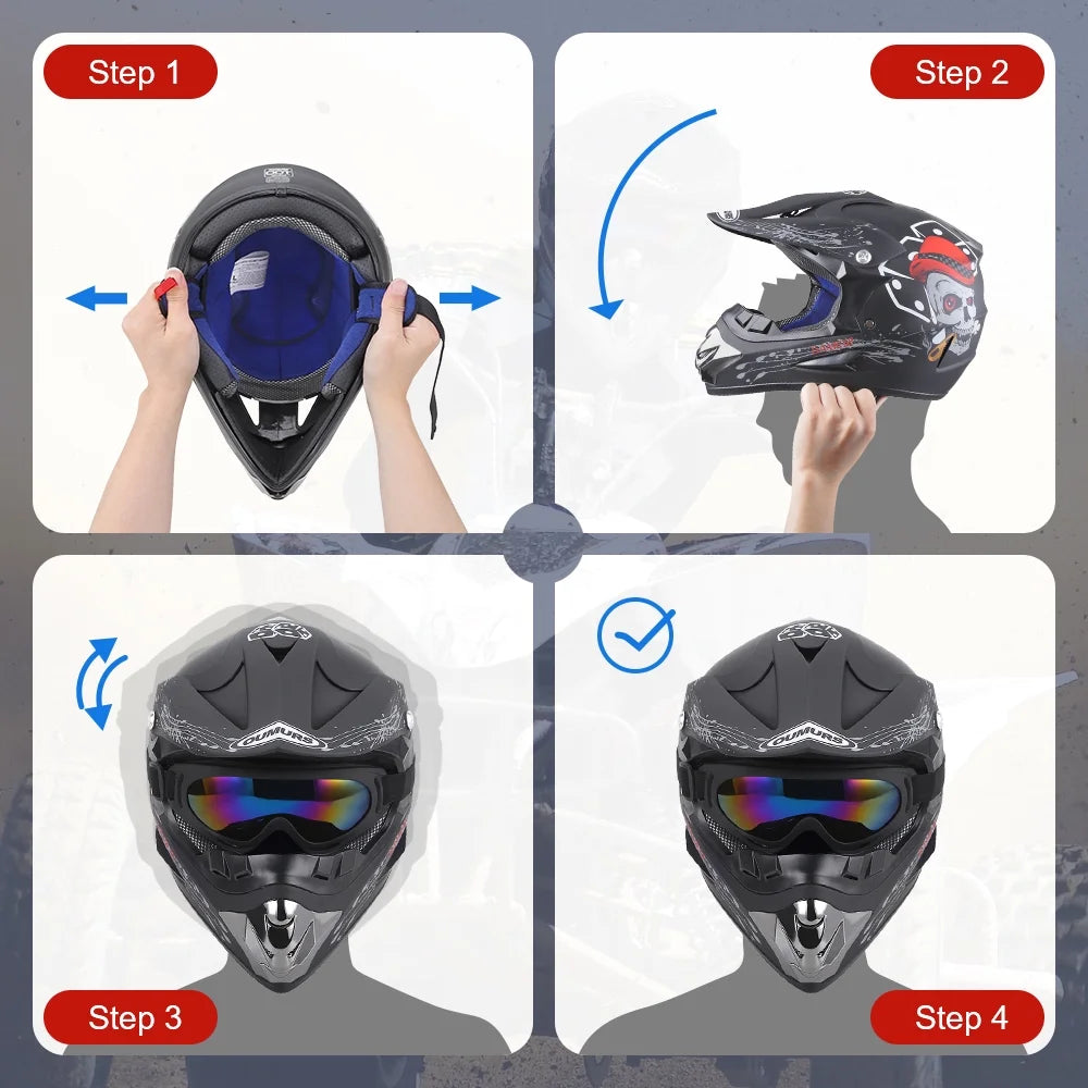 Oumurs DOT Motocross Motorcycle Helmet Open Face Unisex Adult Black G236205