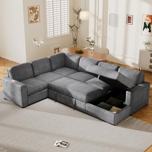 L-Shaped Pull Out Sleep Sofabed with Storage Chaise, Chenille Upholstered X30892