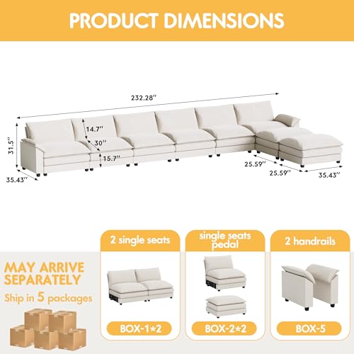 Homall 119" Modular Sectional Sofa with Reversible Ottoman, Light Grey V97154