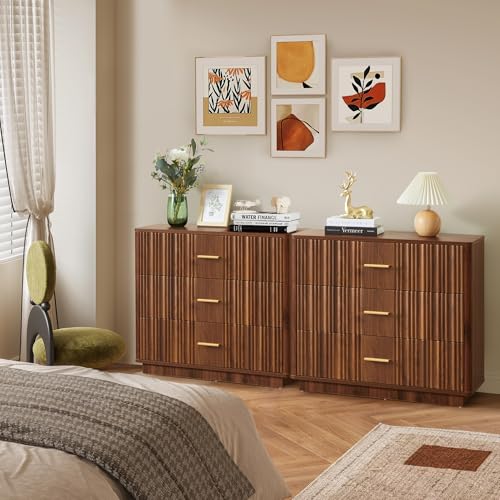 Fluted 5 Drawers Dresser for Bedroom, Wooden Tall Storage, Walnut L1075