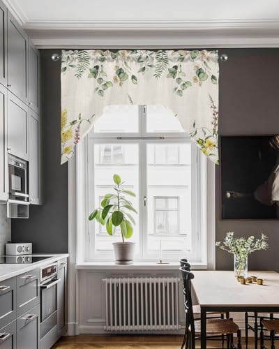 3 Piece Swag Window Curtains Set with Floral Cafe Valance and Tiers N20036