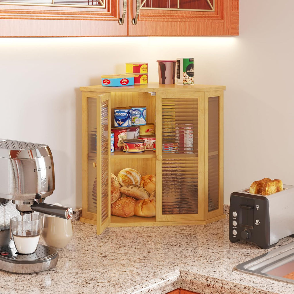 Extra Large Corner Bread Box for Kitchen Countertop, 16.5 inch Bamboo with Glass Door L75900