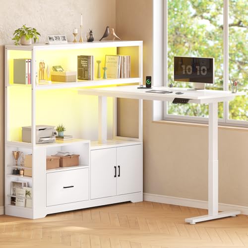 SEDETA L Shaped Standing Desk with Drawers & Hutch, White X476869