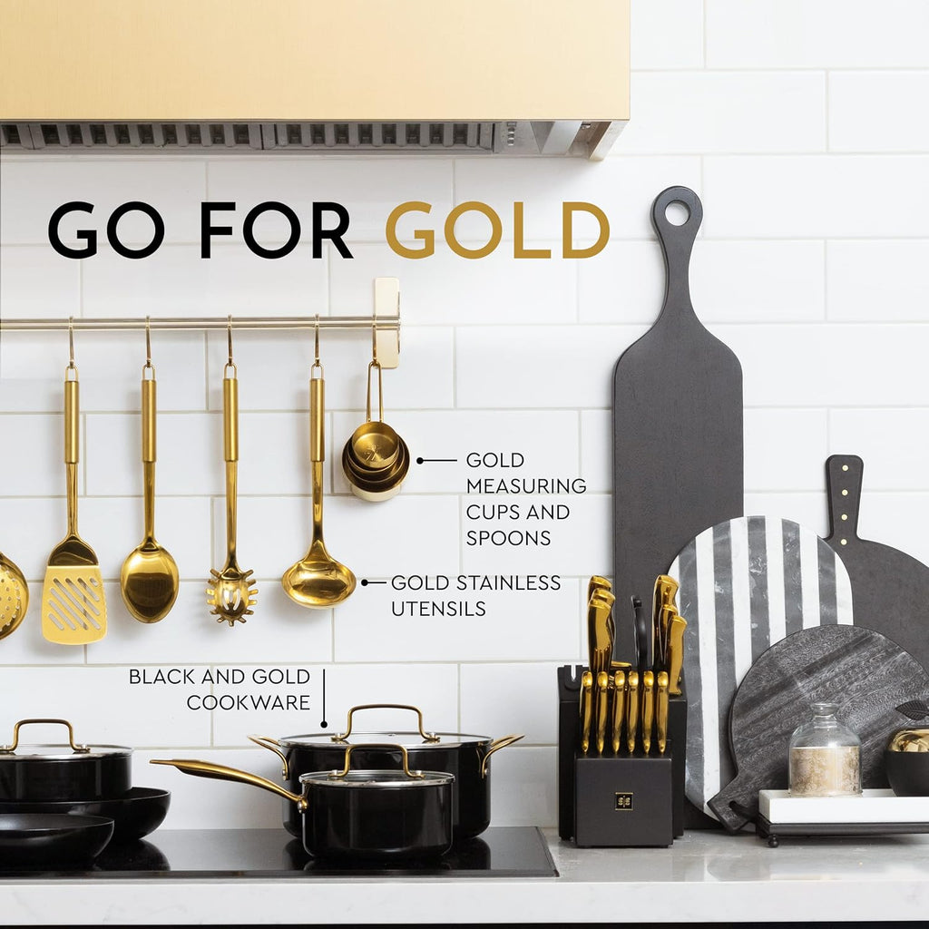 Black and Gold 19-Piece Knife and Cooking Utensil Set with Self Sharpening Block S922
