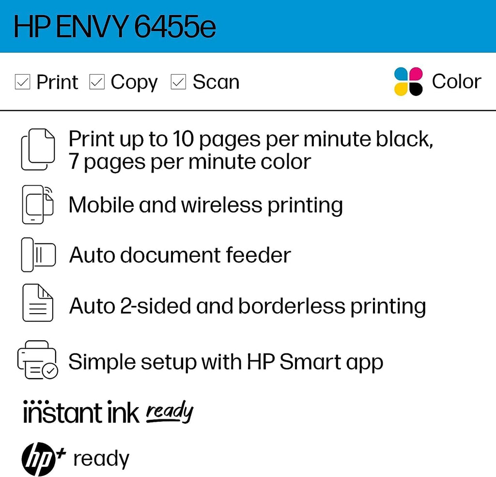 HP Envy 6455e Wireless Color All-in-One Printer (Renewed Premium), White H7747