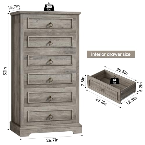 HOSTACK 6 Drawer Dresser for Bedroom, Tall Modern Farmhouse Chest, Dark Brown H747285