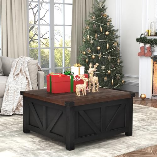 Farmhouse Lift Top Coffee Table with Storage and Charging Station, Brown J61149