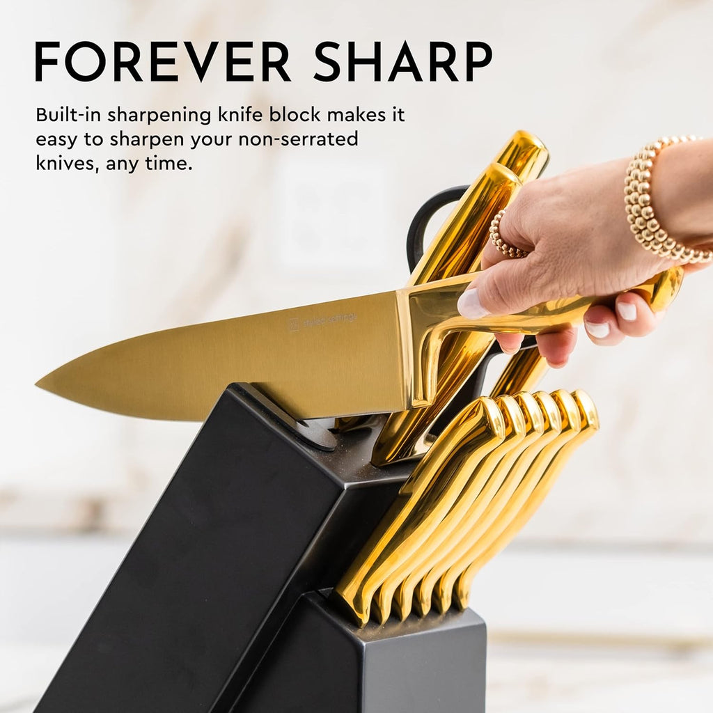 Black and Gold 19-Piece Knife and Cooking Utensil Set with Self Sharpening Block S922
