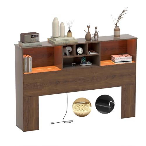 King Size Bed Headboard with LED Light and Storage Bookcase H72493
