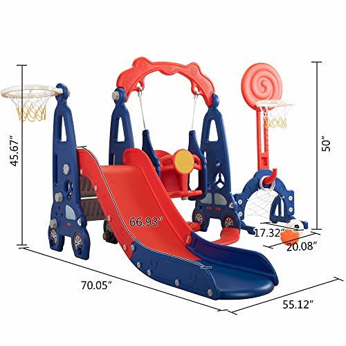 5 in 1 Toddler Slide and Swing Set for Kids Age 1-8, Indoor Outdoor Playset with Basketball Hoop O9645