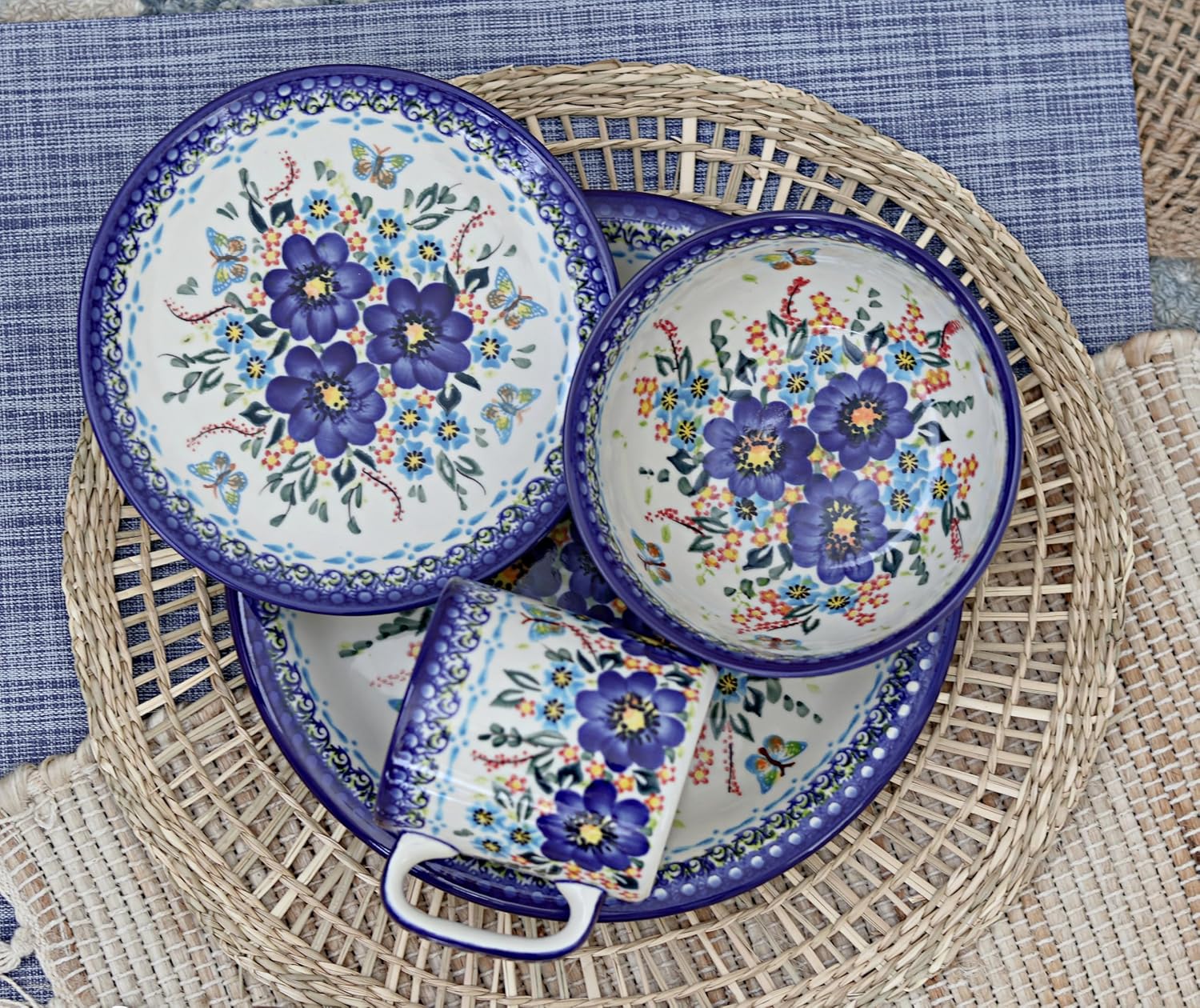 Blue Rose Polish Pottery Garden of Blue 4 PC Place Setting P3363