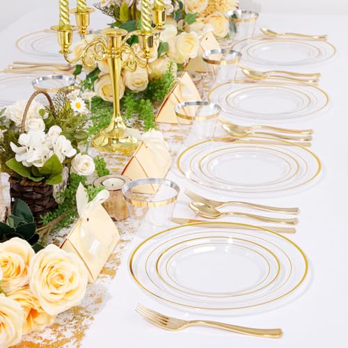 bUCLA 300PCS Gold Disposable Dinnerware Set - White and Gold Plastic Plates for Party S185