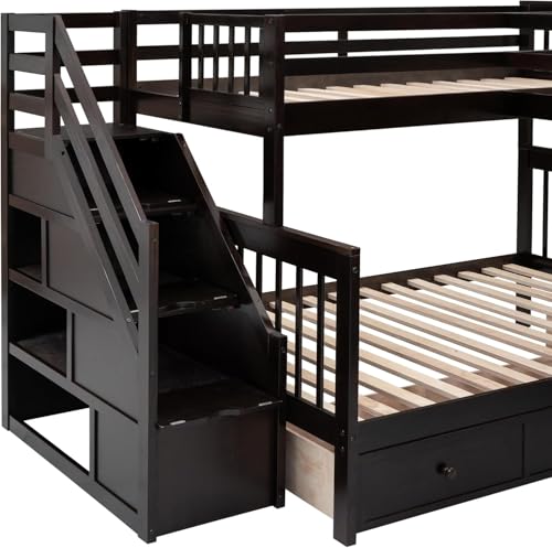 MERITLINE Twin Over Full Triple Bunk Bed with Storage Stairs, Solid Wood, Grey R998