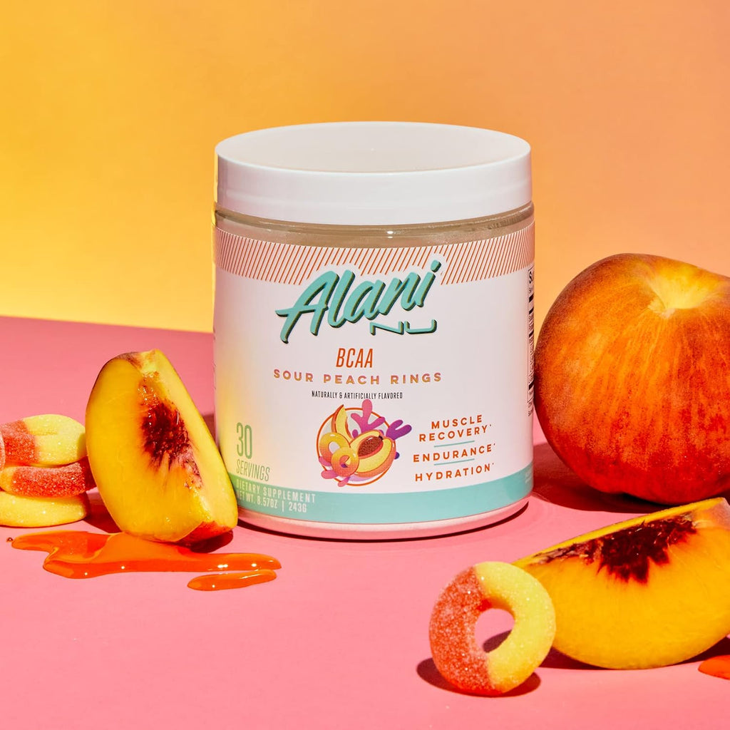 Alani Nu Blue Slush Pre Workout and Sour Peach Rings BCAA Post Workout Powder Bundle, 30 Servings F8779