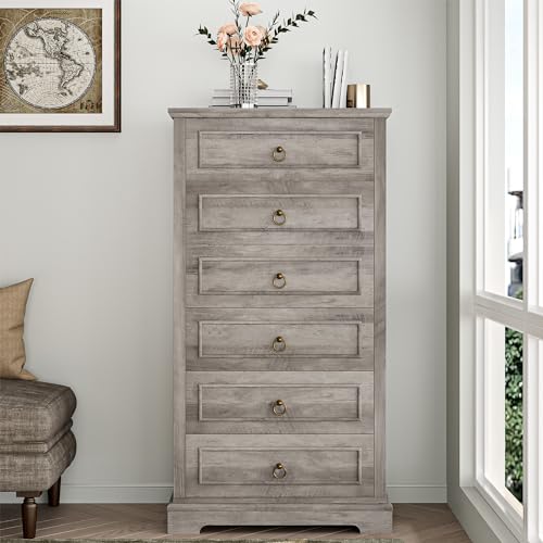HOSTACK 6 Drawer Dresser for Bedroom, Tall Modern Farmhouse Chest, Dark Brown H747285
