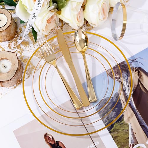 bUCLA 300PCS Gold Disposable Dinnerware Set - White and Gold Plastic Plates for Party S185