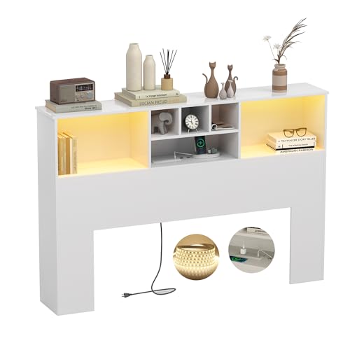 King Size Bed Headboard with LED Light and Storage Bookcase H72493
