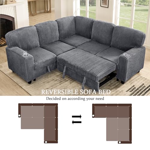 L-Shaped Pull Out Sleep Sofabed with Storage Chaise, Chenille Upholstered X30892
