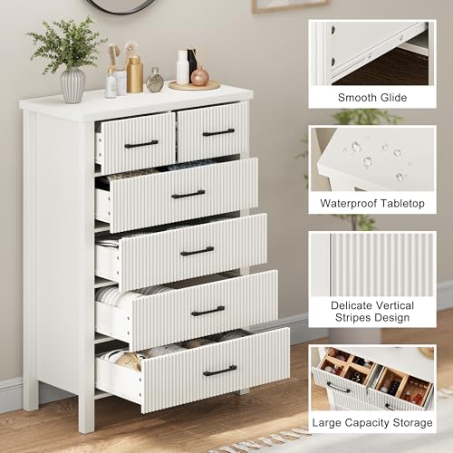 Fluted 6 Drawers Dresser for Bedroom, Tall Boho Chest with Metal Handle, Natural Oak S427