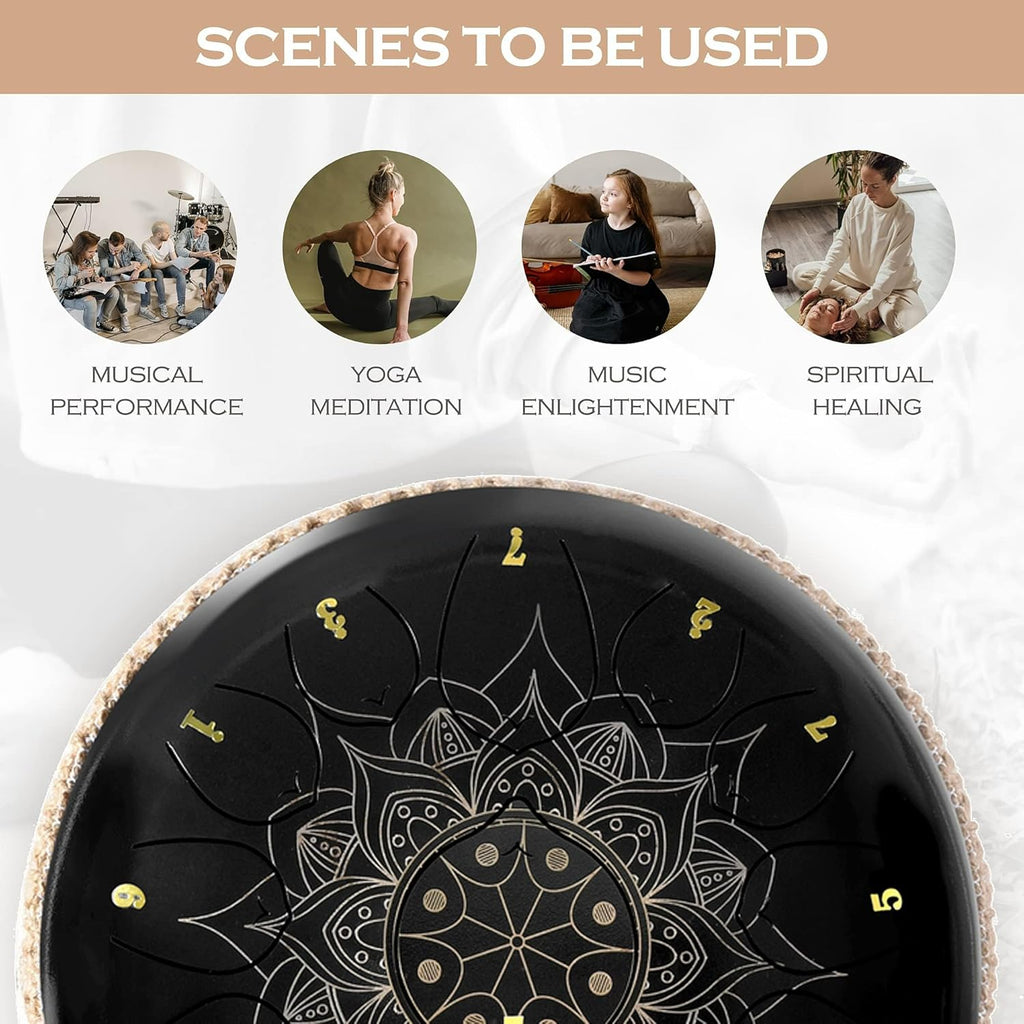 Lexington Steel Tongue Drum Kit 13 Notes 12 Inch C Major with Lotus Pattern, Black R100928