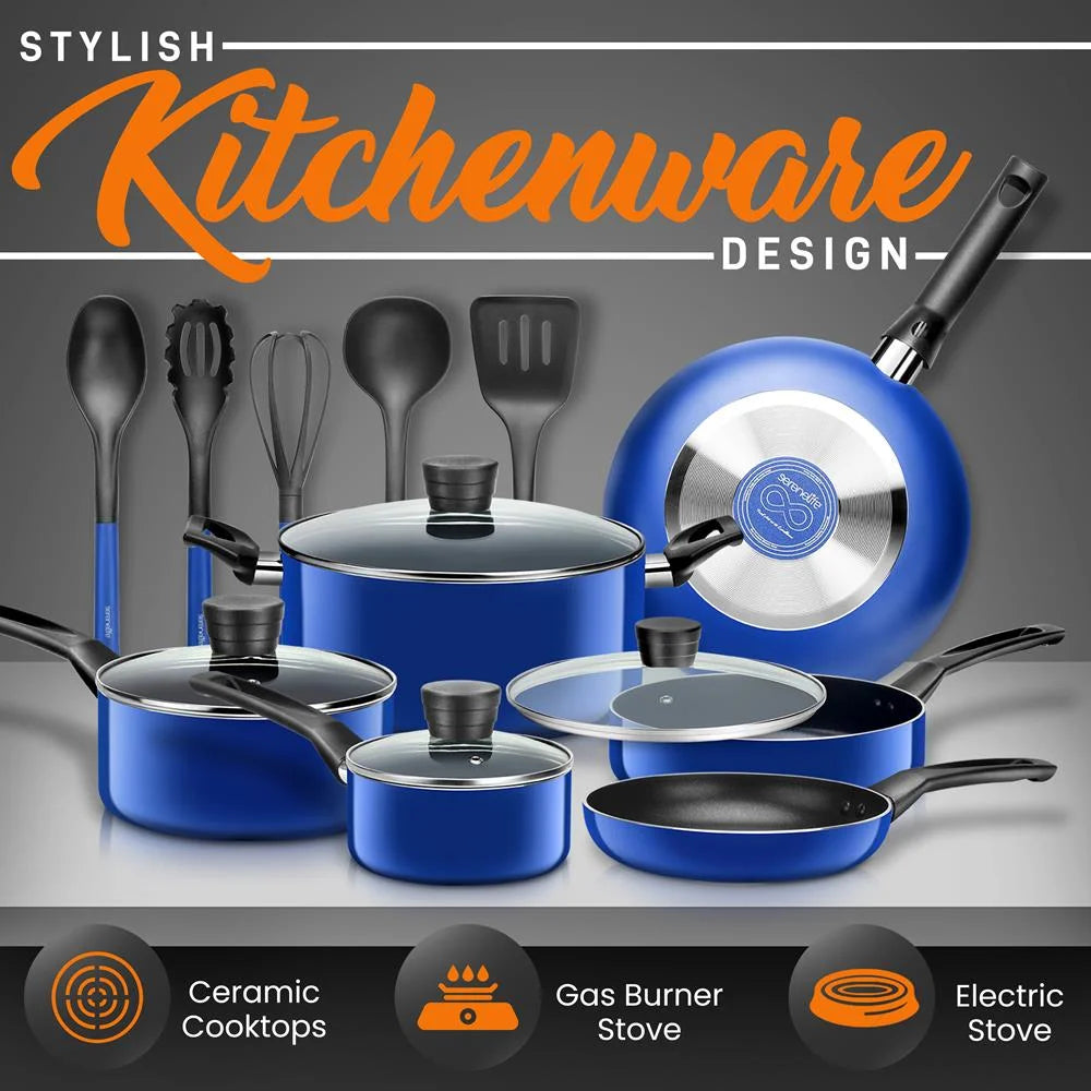 SereneLife 15 Piece Non Stick Cookware Set, Blue I652588