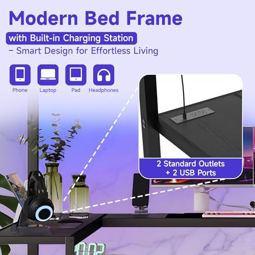 Full Size Metal Loft Bed with L Shaped Desk, Storage Stairs & Charging Station O106322