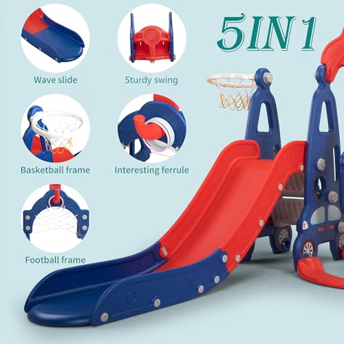 5 in 1 Toddler Slide and Swing Set for Kids Age 1-8, Indoor Outdoor Playset with Basketball Hoop O9645
