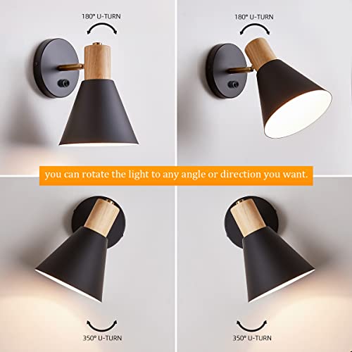 Plug in Wall Sconce, Dimmable Wood Style Reading Lamp, Black O467