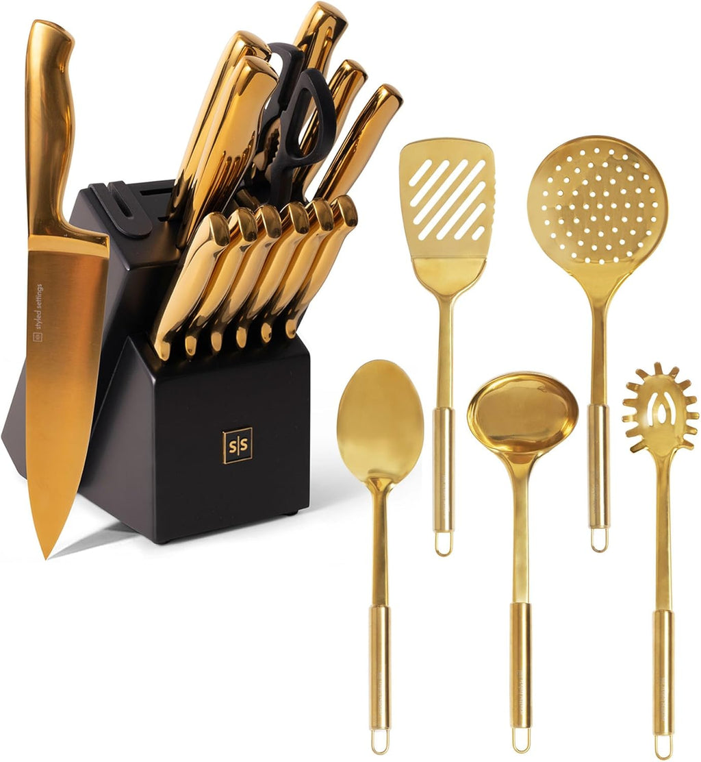 Black and Gold Knife Set with Block Self Sharpening and Brass/Gold Cooking Utensils Set for Modern Cooking and Serving - 19 Piece Luxe Black and Gold Kitchen Accessories
