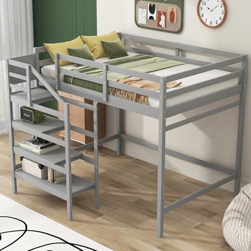 Harper & Bright Designs Full Loft Bed with Staircase and Storage Wardrobe, Gray G6357
