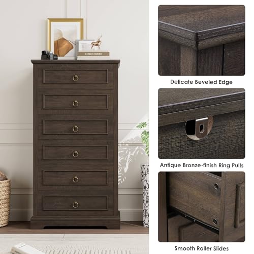 HOSTACK 6 Drawer Dresser for Bedroom, Tall Modern Farmhouse Chest, Dark Brown H747285