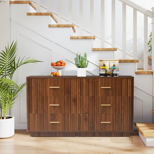 Fluted 5 Drawers Dresser for Bedroom, Wooden Tall Storage, Walnut L1075
