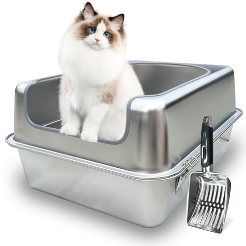 Stainless Steel Litter Box with Metal Lid and Scoop - Enclosed Metal Litter Box for Large Cats, Rust-Resistant, Odor-Control, Easy to Clean, Durable & Long-Lasting with Round Edge (L)